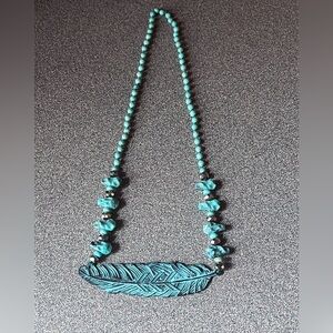 Turquoise Knotted bead Feather Necklace